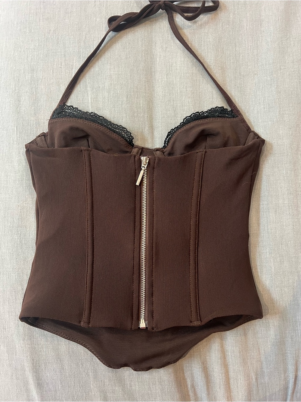 White Fox Boutique Brown Halter Bustier with Lace Trim - Picture 3 of 7